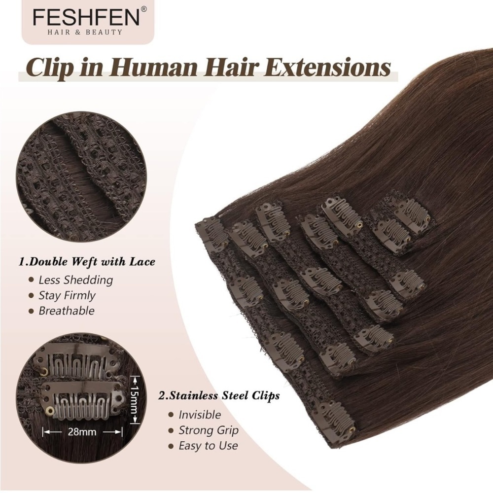 FESHFEN Clip in Human Hair Extensions color 1B  7 PCS 16 in 110g NWT